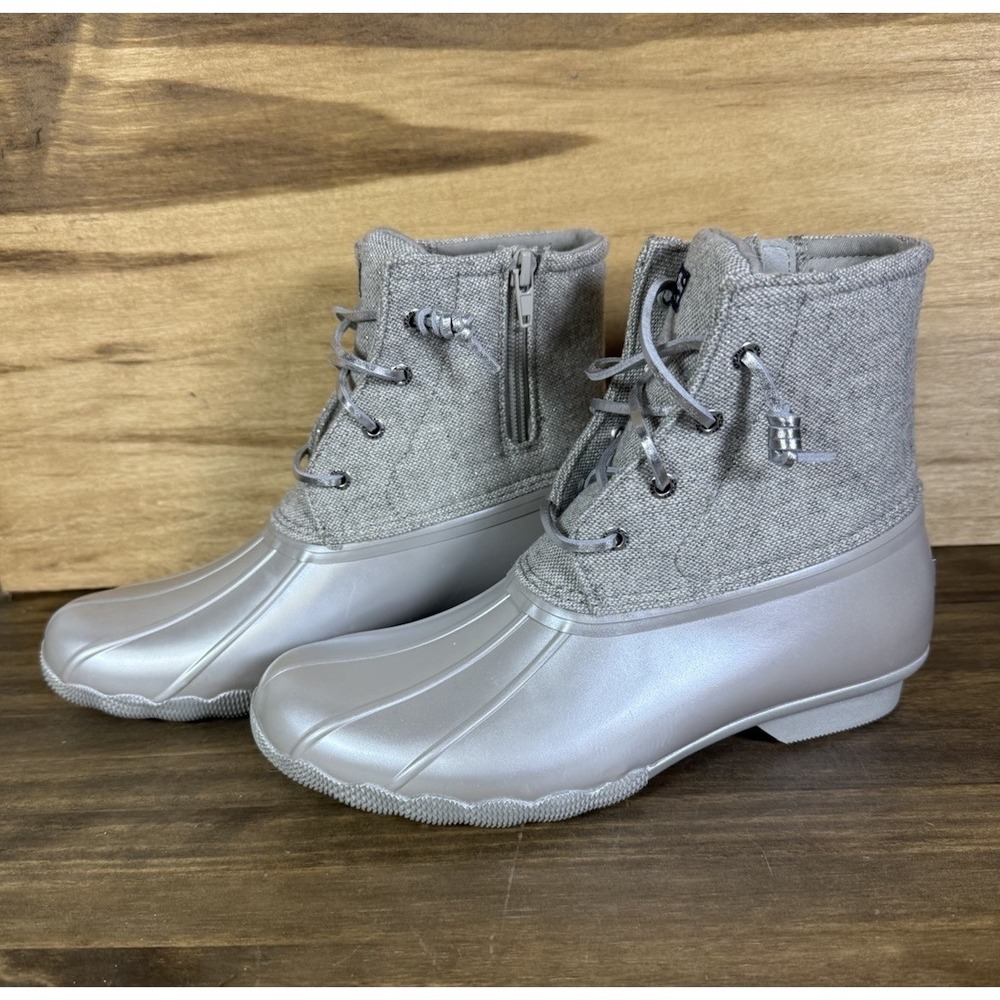 Sperry Saltwater Duck Boots Womens Size 6 Gray Linen Waterproof Rain Snow Boots