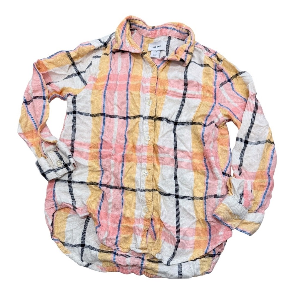 Preppy Old Navy Plaid Shirt Sz M (8) Pink Yellow White Long Sleeve Button Front