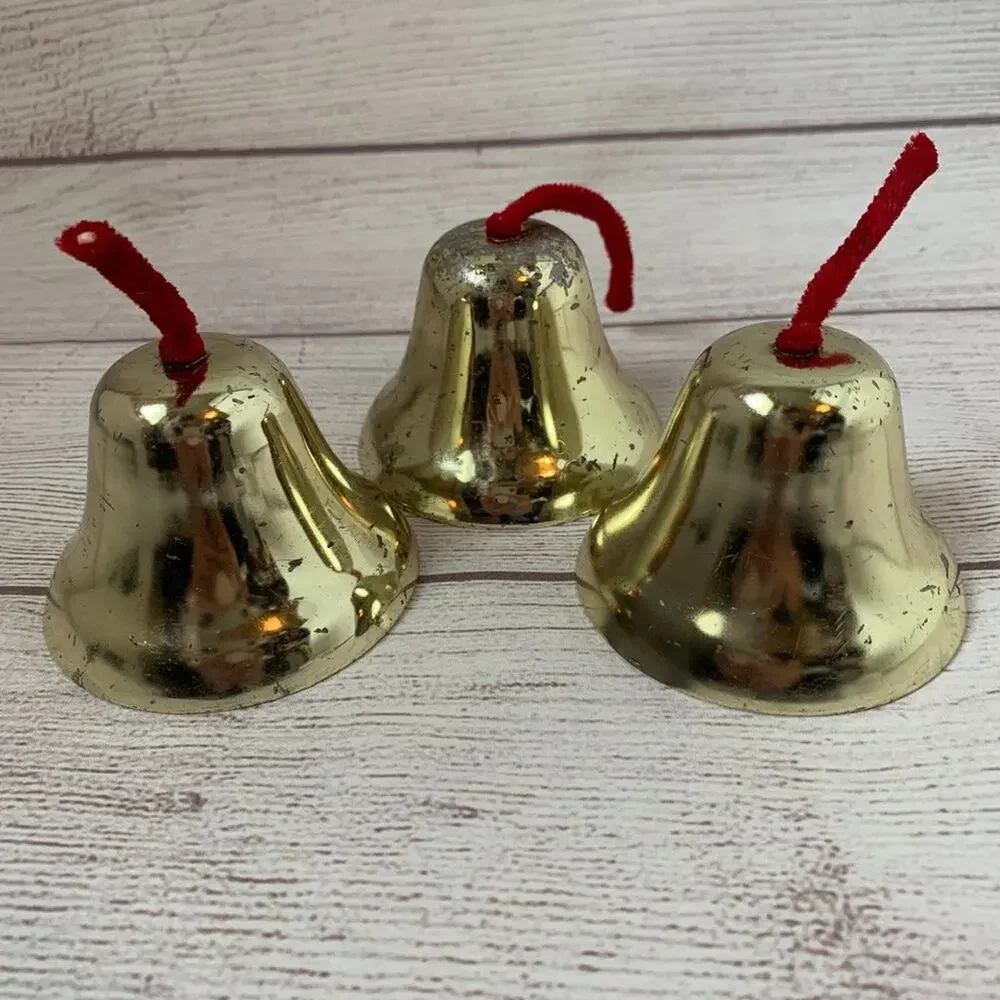 Vintage Gold Metal Bells Set of 3 with Red Strings 3" Diameter - Picture 1 of 11