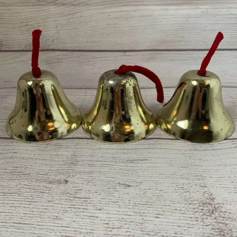 Vintage Gold Metal Bells Set of 3 with Red Strings 3" Diameter - Picture 7 of 11