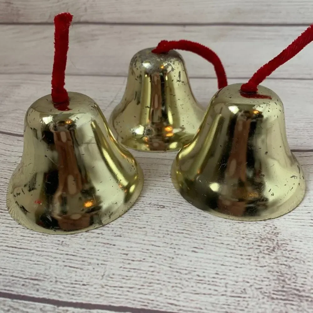 Vintage Gold Metal Bells Set of 3 with Red Strings 3" Diameter - Picture 6 of 11