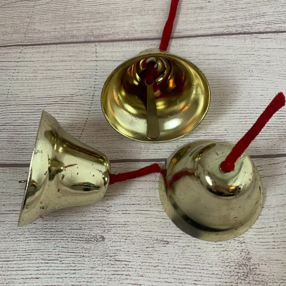 Vintage Gold Metal Bells Set of 3 with Red Strings 3" Diameter - Picture 4 of 11