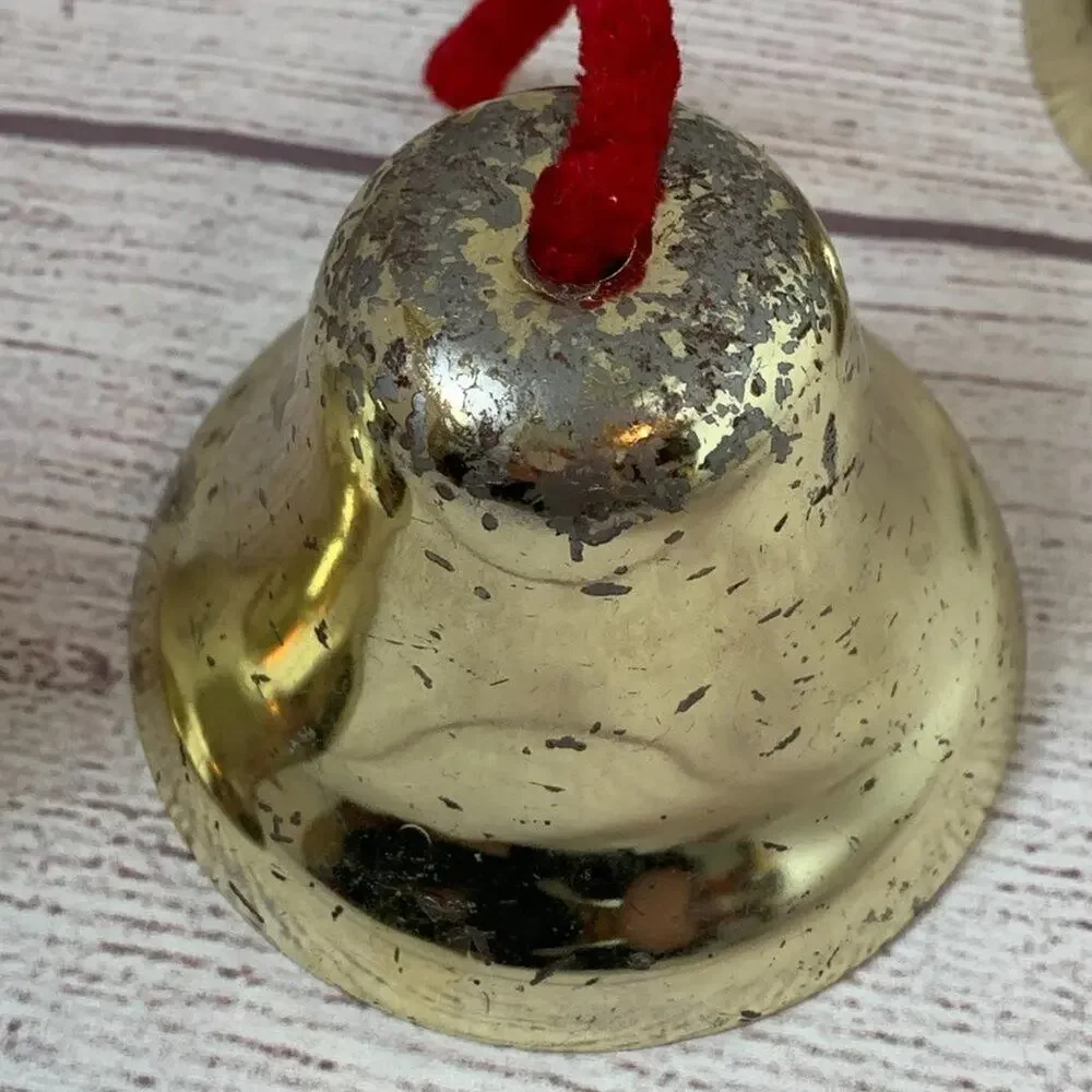 Vintage Gold Metal Bells Set of 3 with Red Strings 3" Diameter - Picture 9 of 11