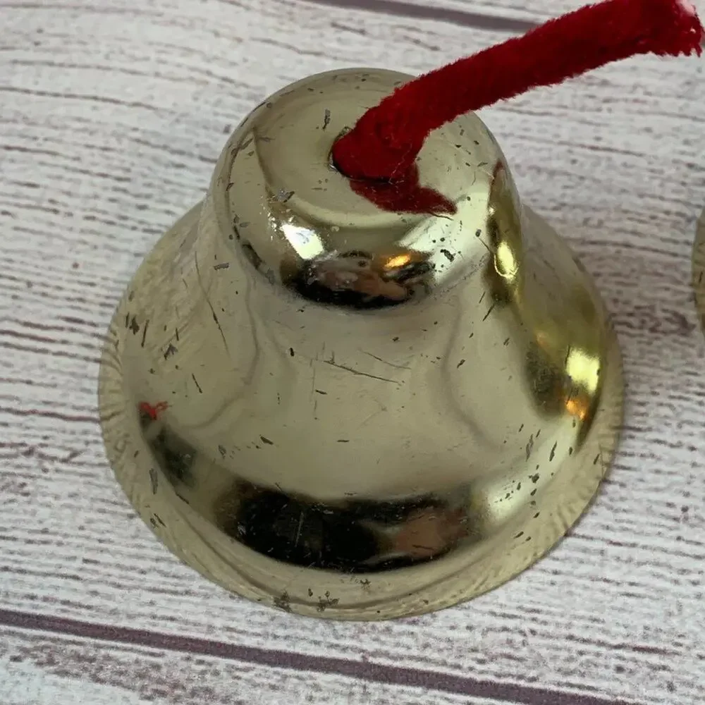 Vintage Gold Metal Bells Set of 3 with Red Strings 3" Diameter - Picture 11 of 11