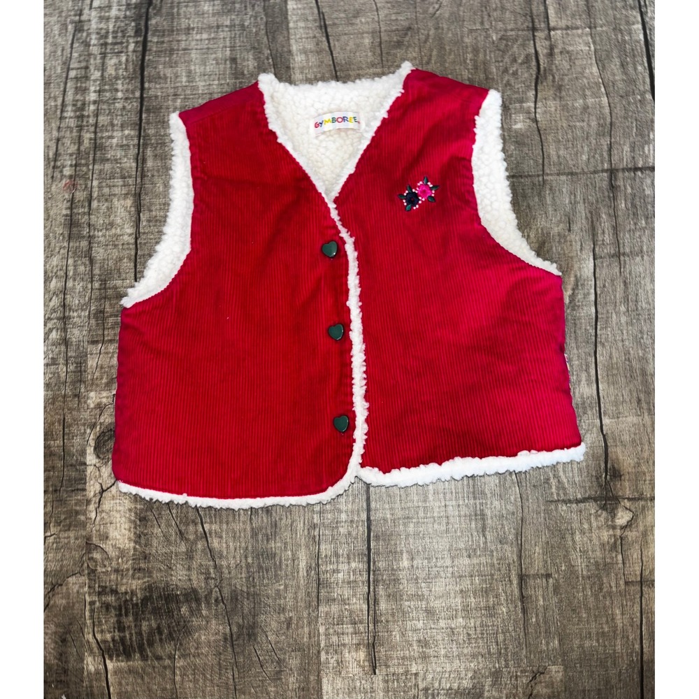 Vintage Gymboree Rainbow Tag Girls Red Corduroy Sherpa Lined Vest Heart Buttons