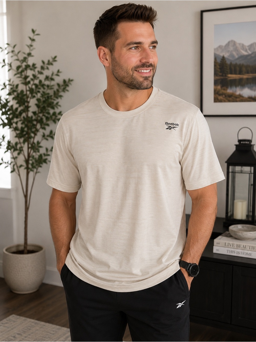 Reebok Performance Textured Athletic T-Shirt XL Beige Cream
