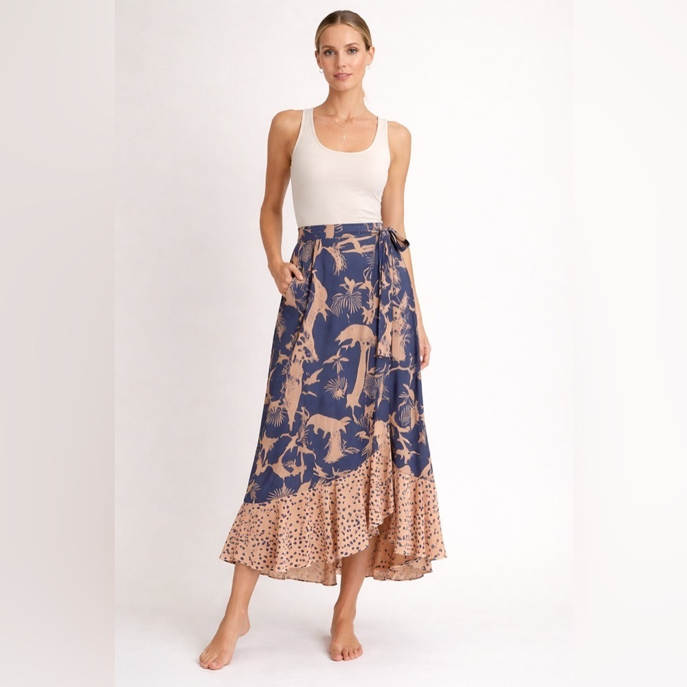 Azulu Polka Dot and Jungle Print Midi Wrap Skirt with Ruffles