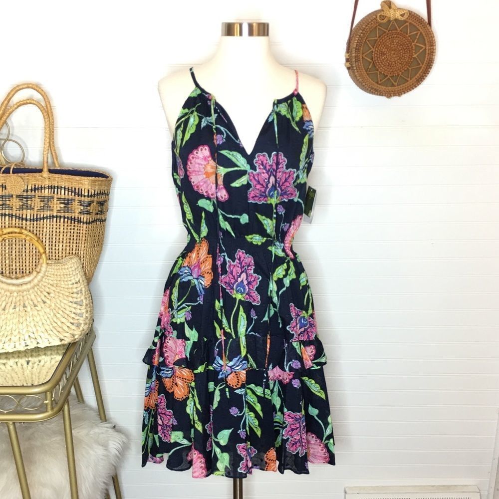 Taylor 100% Cotton Floral Navy Midi High Low Mini Dress NWT Size 2