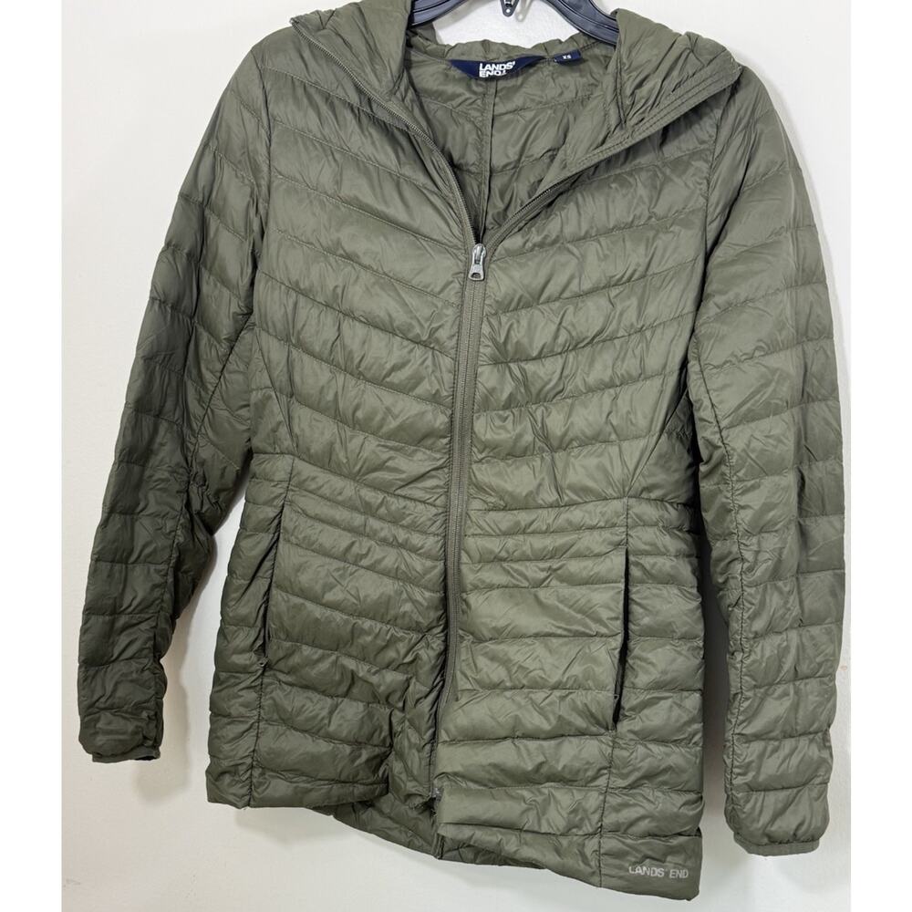 Lands' End Olive Green Ultralight Quilted Puffer Coat with Hood XS