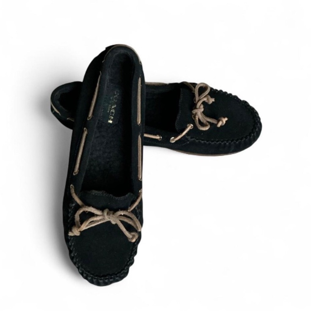 Coach women’s Black Suede Moccasin Loafers with Tan Laces Size 8.5