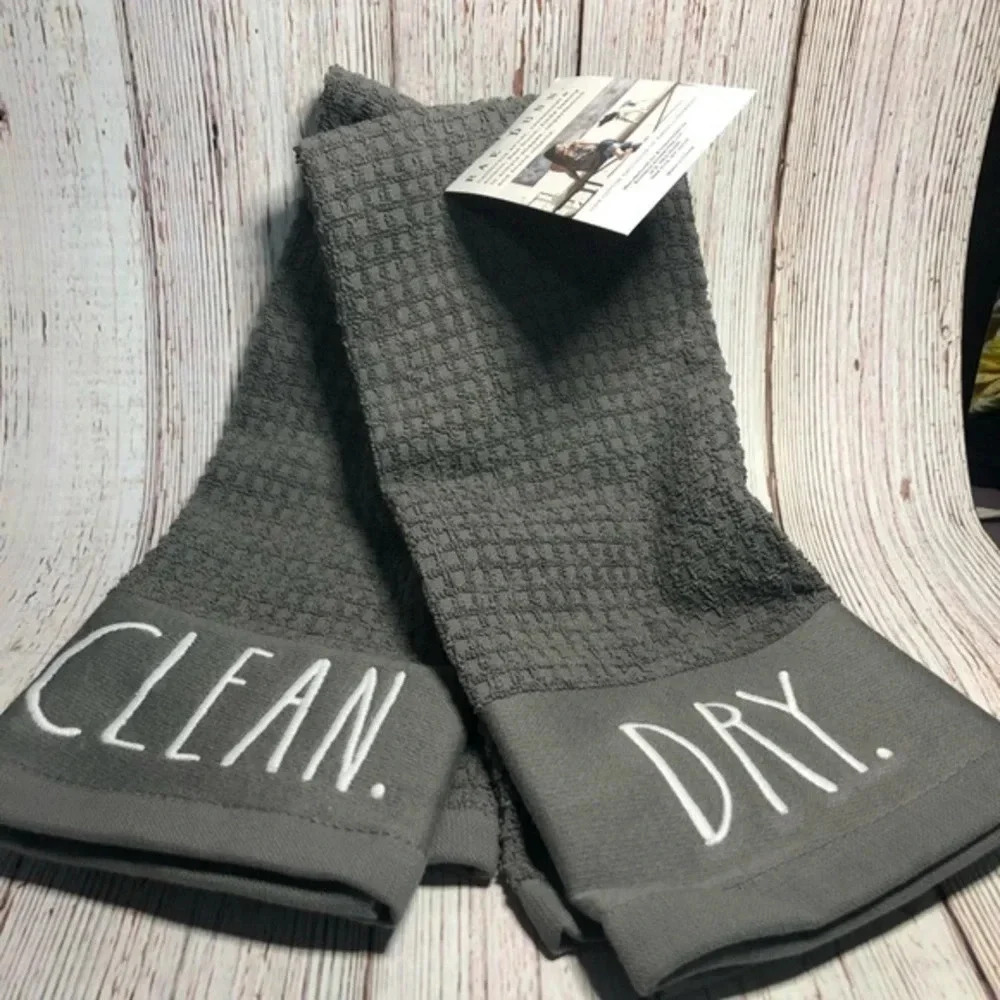 NWT Rae Dunn gray dish towel set CLEAN DRY neutral classic