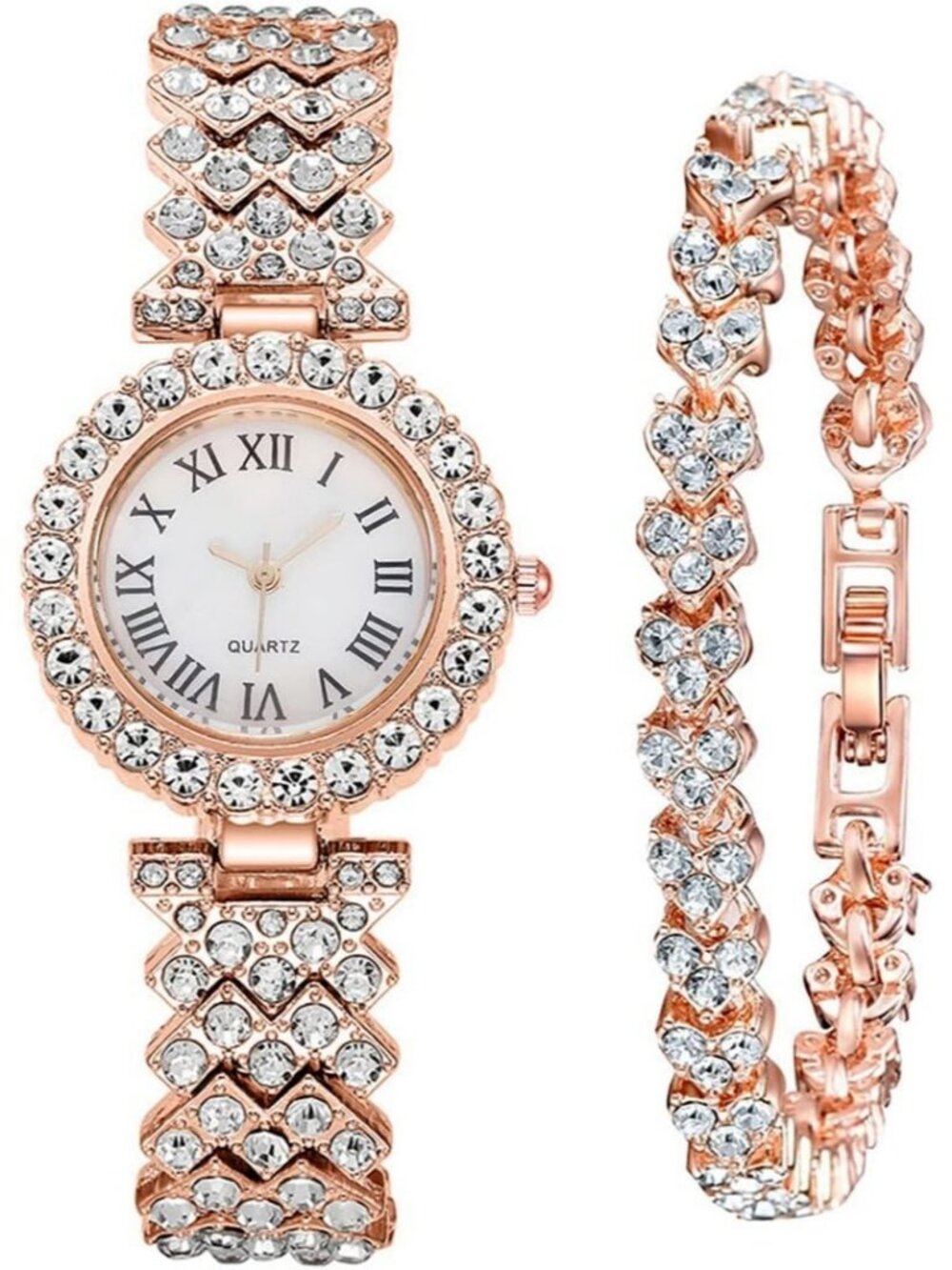 Women's Rose Gold Fashion Diamond Bangle Bracelet Set Luxury Round Wrist Watch
