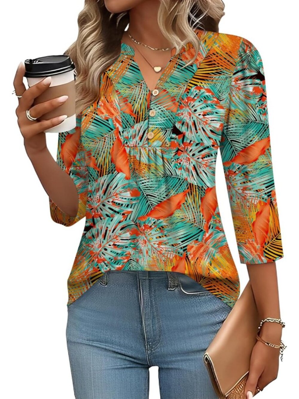 Women's Hawaiian Leave Long Sleeve Casual Henley V-Neck Floral T-Shirt Loose Fit