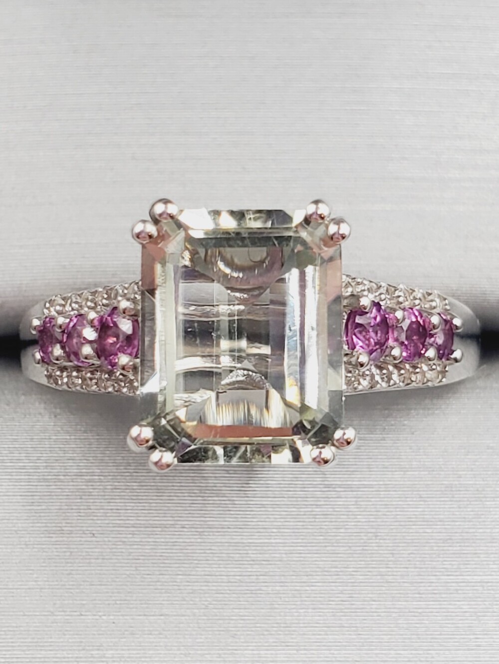 Emerald Cut Montezuma Prasiolite & Pink Tourmaline 925 Sterling Silver Ring