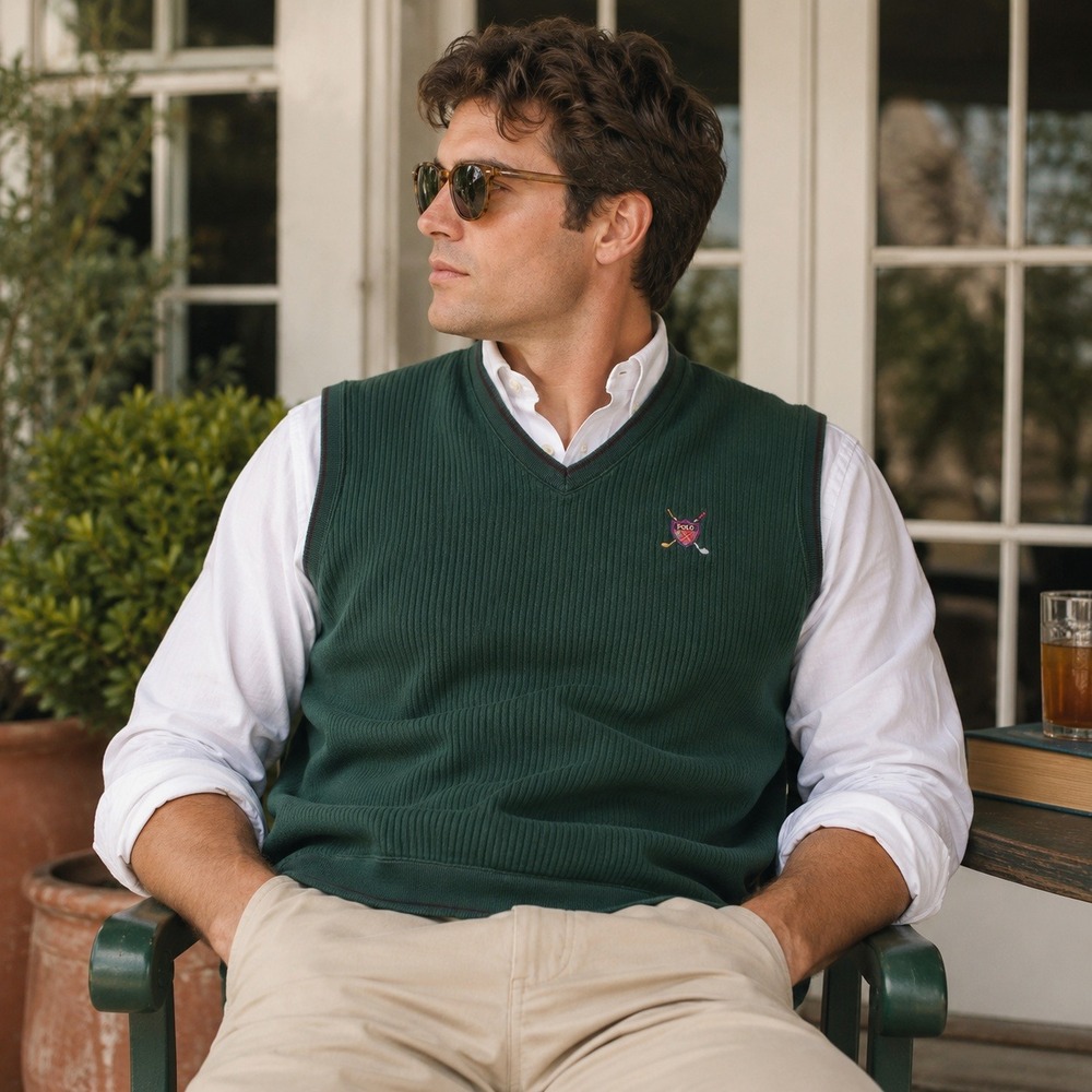 Vintage Polo Golf Ralph Lauren Ribbed Sweater Vest Green Golf Crest Men's XL Y2K