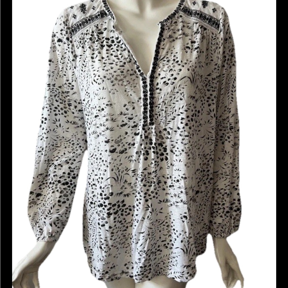 Lucky Brand Black White Floral Peasant Long Sleeve Cotton Modal Tunic Top  1X