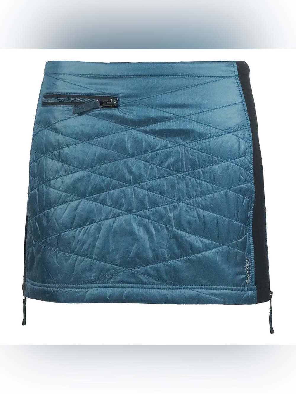 Skhoop Kari Mini Skirt Blue Denim Side Stretch Panels Zippers Quilted Stitching
