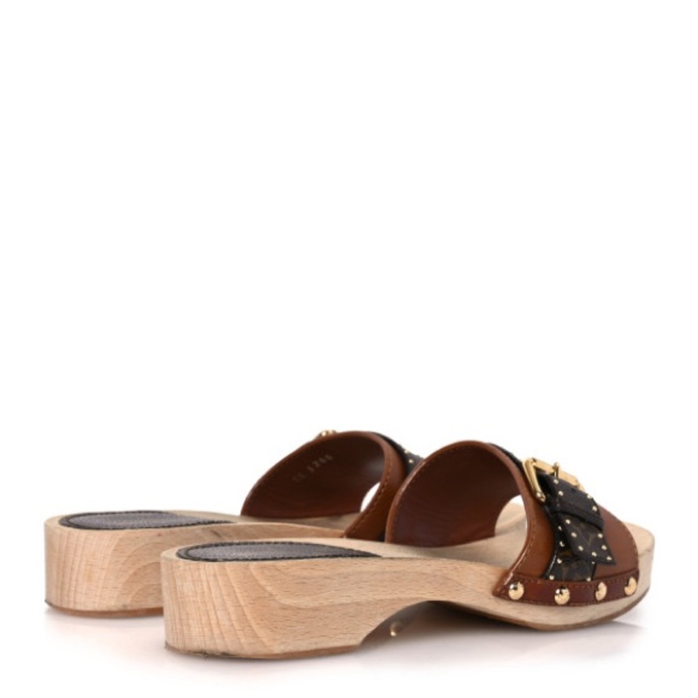 LOUIS VUITTON Brown Leather LV Monogram Cottage Mule Wood Clog Sandals 6.5 - Picture 5 of 17