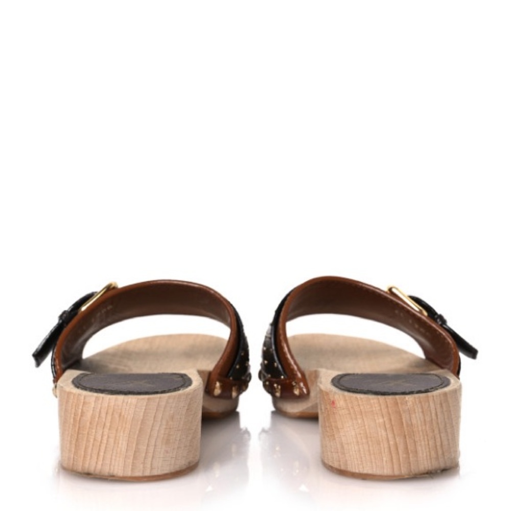 LOUIS VUITTON Brown Leather LV Monogram Cottage Mule Wood Clog Sandals 6.5 - Picture 7 of 17