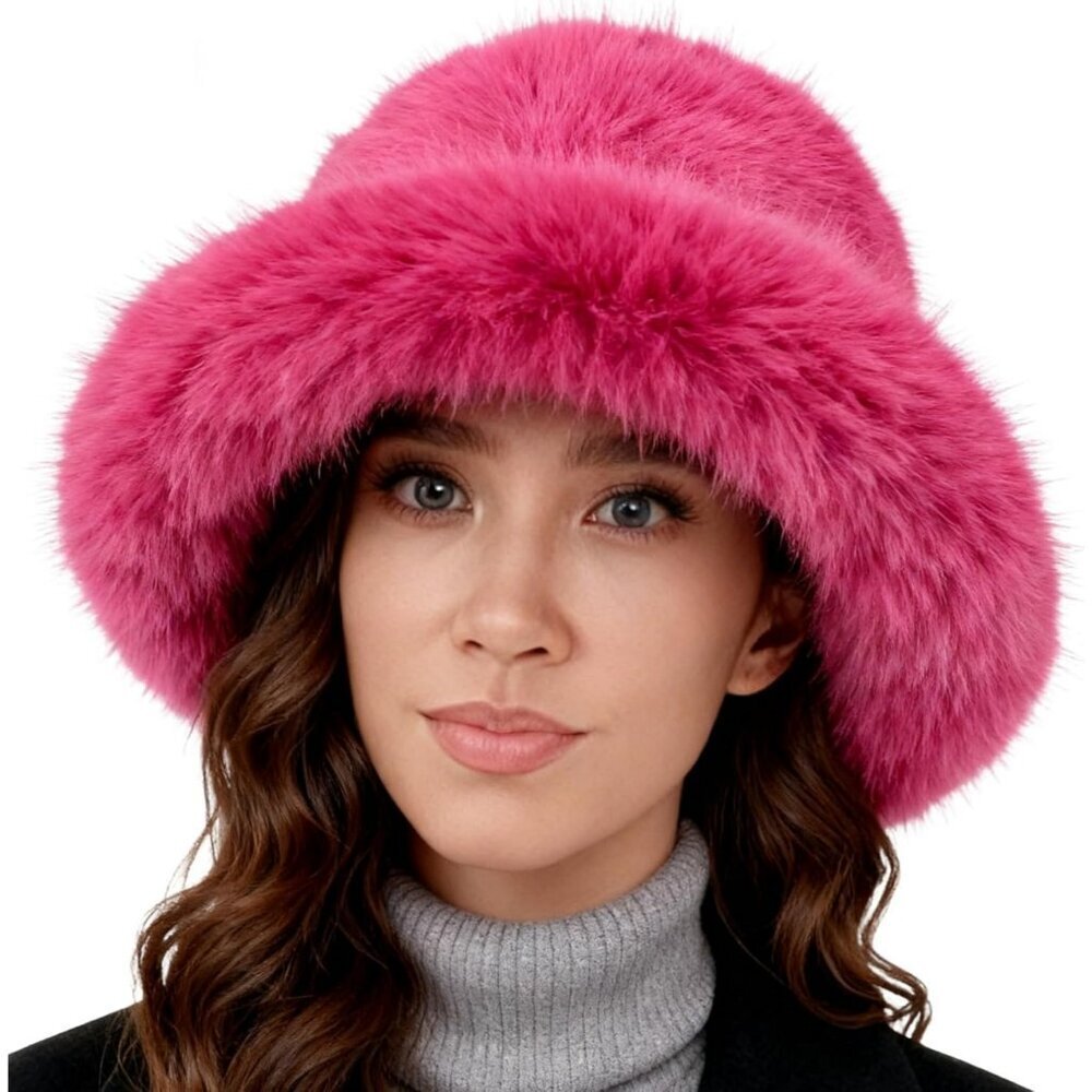 Women's Dark Pink Oversized Winter Long Pile Fur Wide Moldable Brim Warmer Cap