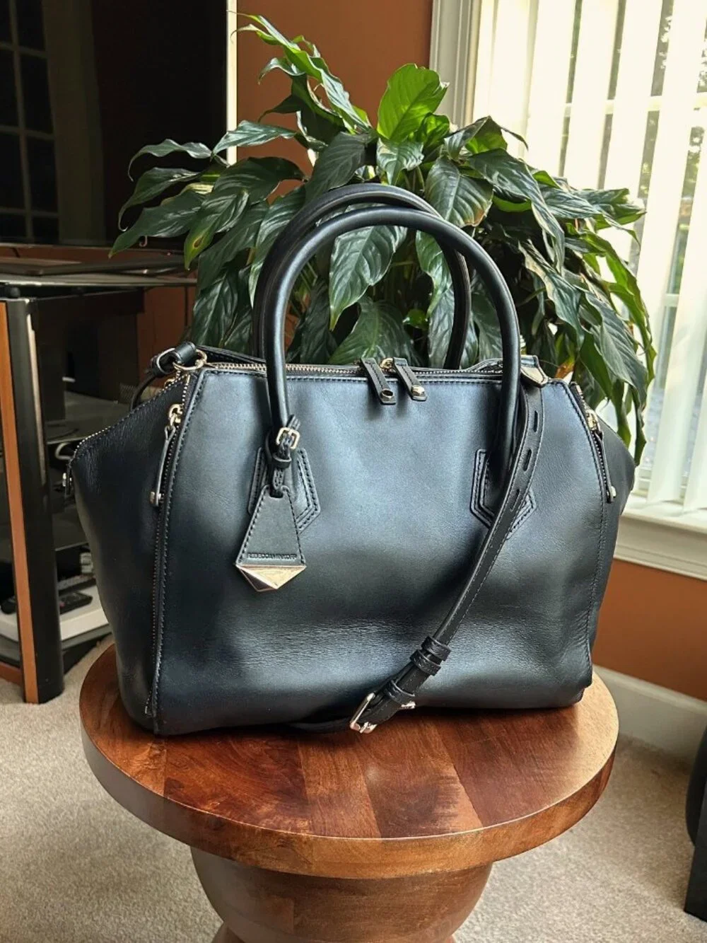 REBECCA MINKOFF Calfskin Leather Two-Way Shoulder Bag, Black - Picture 1 of 11
