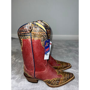 Women's Justin Red & Brown Crackle Full Grain Heeled Boots Size 7