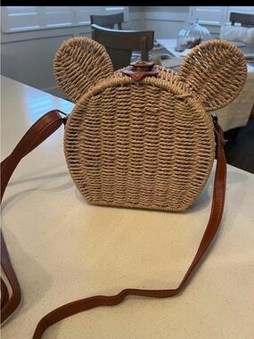 Woven Round Crossbody Bag with Ears - Natural Straw