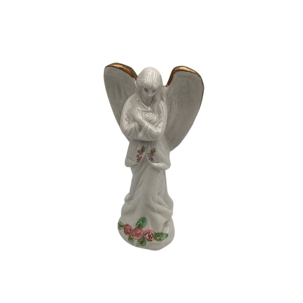 Vintage Greenbrier Porcelain Angel Figurine Gold Trim Pink Roses 6"‎