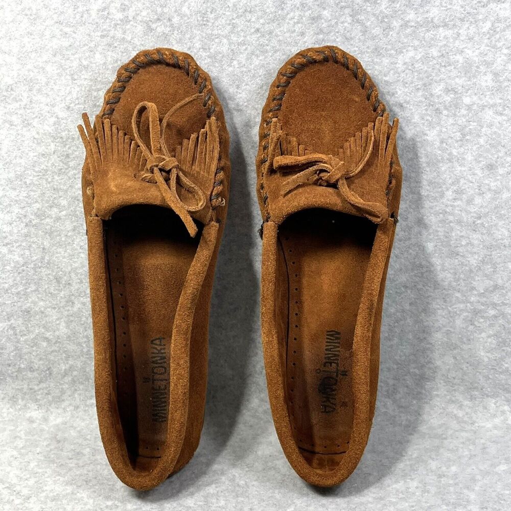 Minnetonka Kilty Hardsole Moccasin Women's 7.5 Brown Suede Boho Chic Western‎