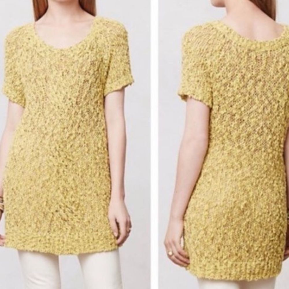 Moth Anthropologie Yellow Mustard Knitted Tunic Short Sleeve Earthy Trendy Boho