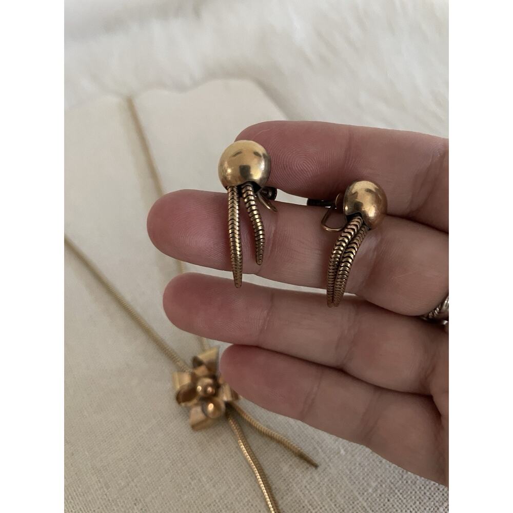 12K Gold Filled Bow Necklace In Snake Chain And Earring Set Vintage Mid Century - Picture 4 of 8