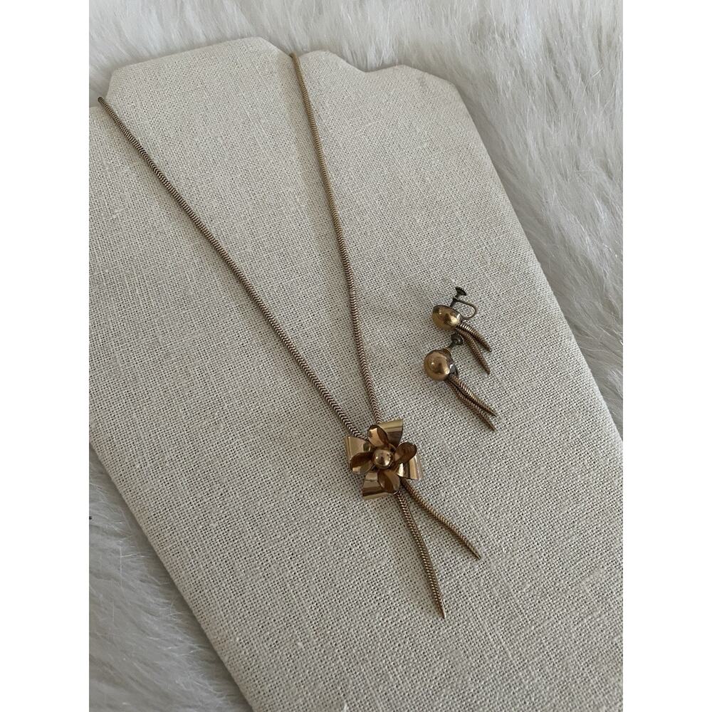 12K Gold Filled Bow Necklace In Snake Chain And Earring Set Vintage Mid Century - Picture 3 of 8