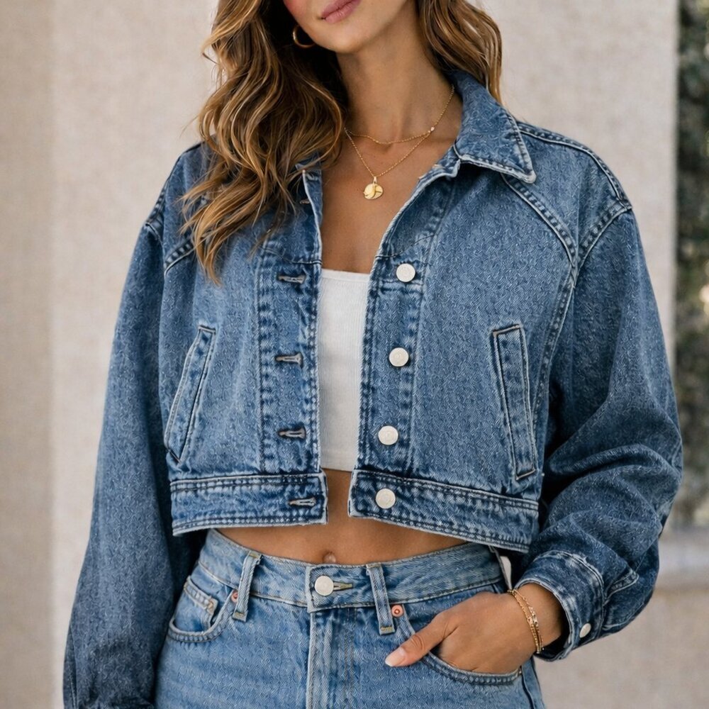 Free People We The Free Cropped Denim Jacket XS Oversized Blue Trucker - Picture 4 of 6