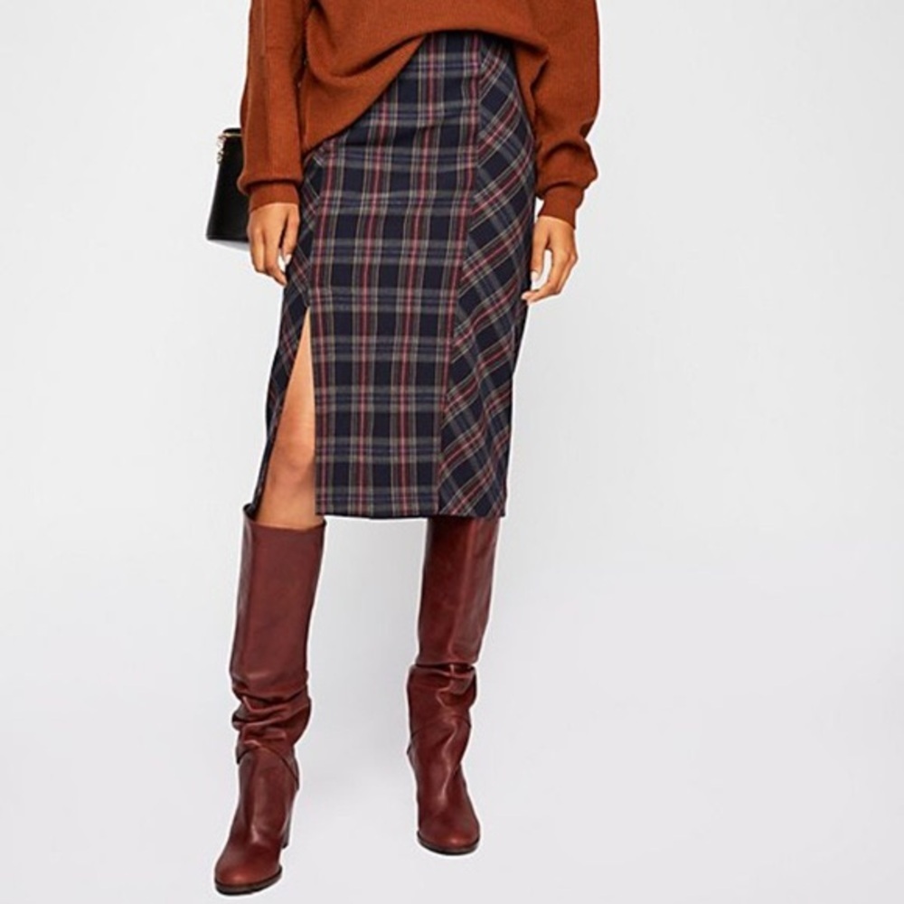 Free People Plaid Midi Pencil Skirt Size 0 | Back Zip | Grunge Preppy Dark Acade