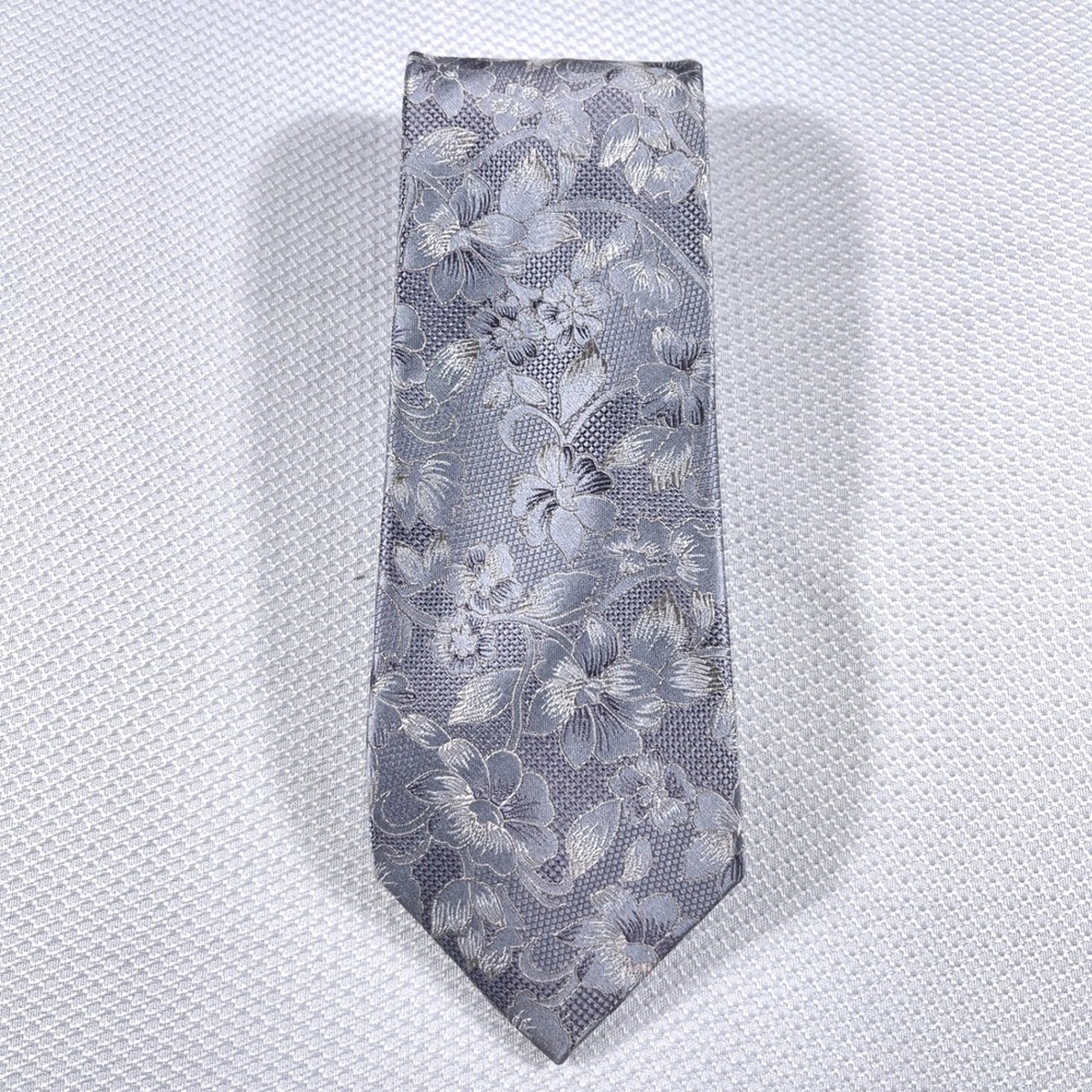 Paul Fredrick Silver Floral Silk Jacquard Necktie Men's Formal Dress Tie