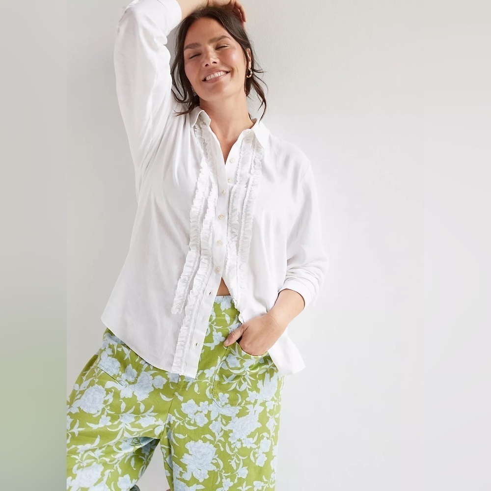 Pilcro Anthropologie White Linen Ruffle Blouse XXS Coastal Grandma Top