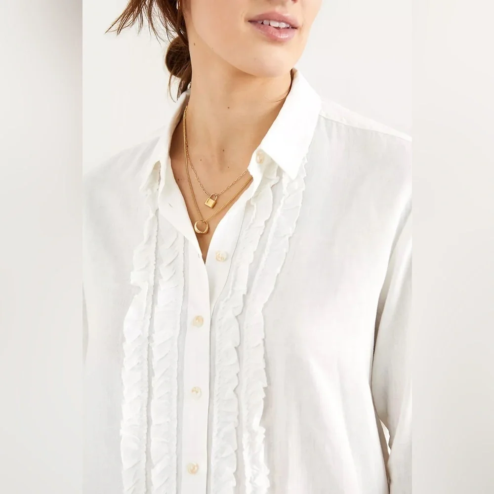 Pilcro Anthropologie White Linen Ruffle Blouse XXS Coastal Grandma Top - Picture 7 of 11