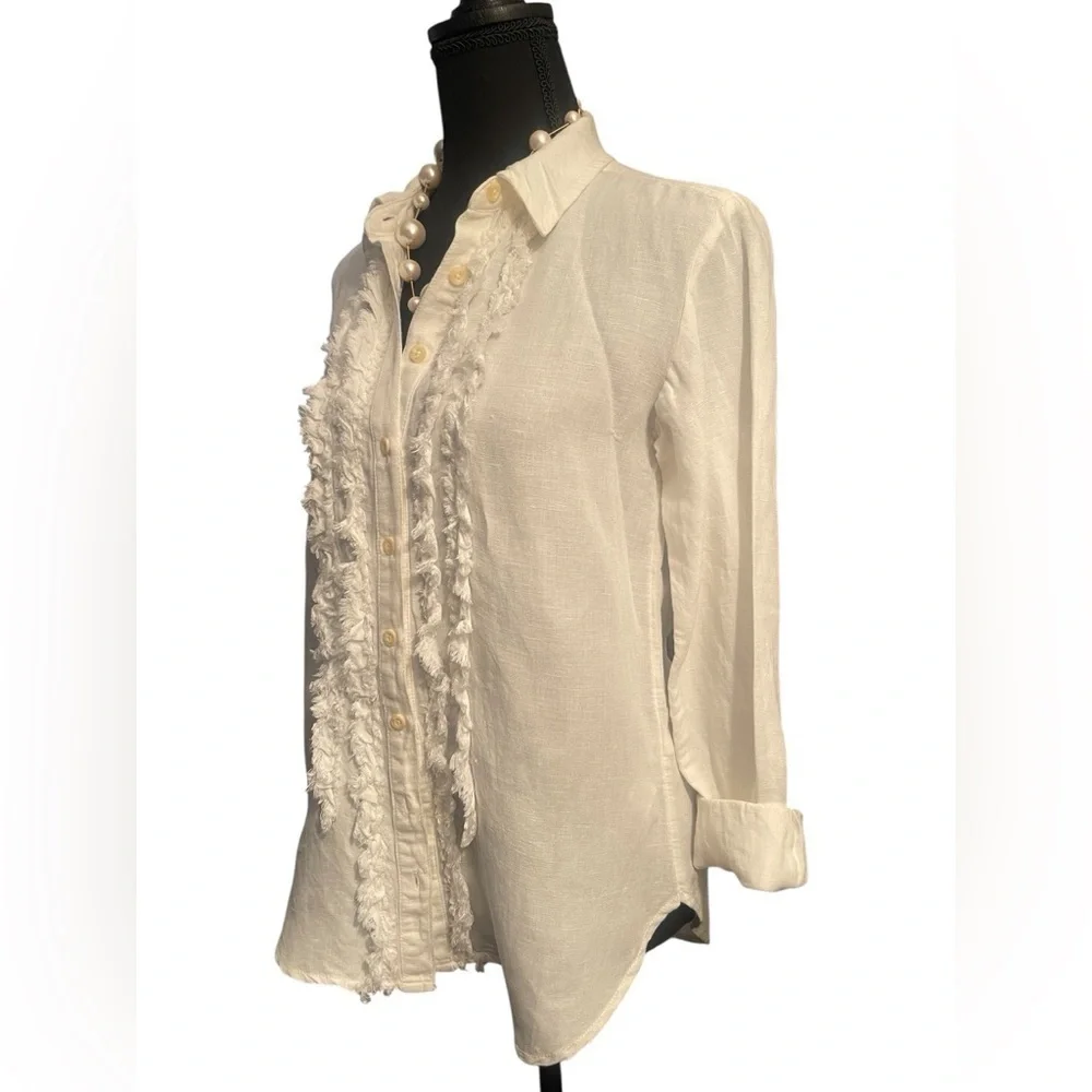 Pilcro Anthropologie White Linen Ruffle Blouse XXS Coastal Grandma Top - Picture 3 of 11