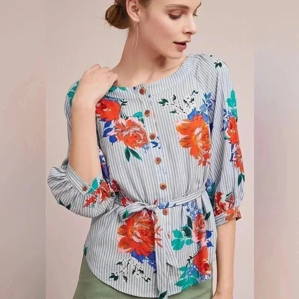 Anthropologie Maeve women’s top size 2 blouse Lilorne Floral sleek  button down