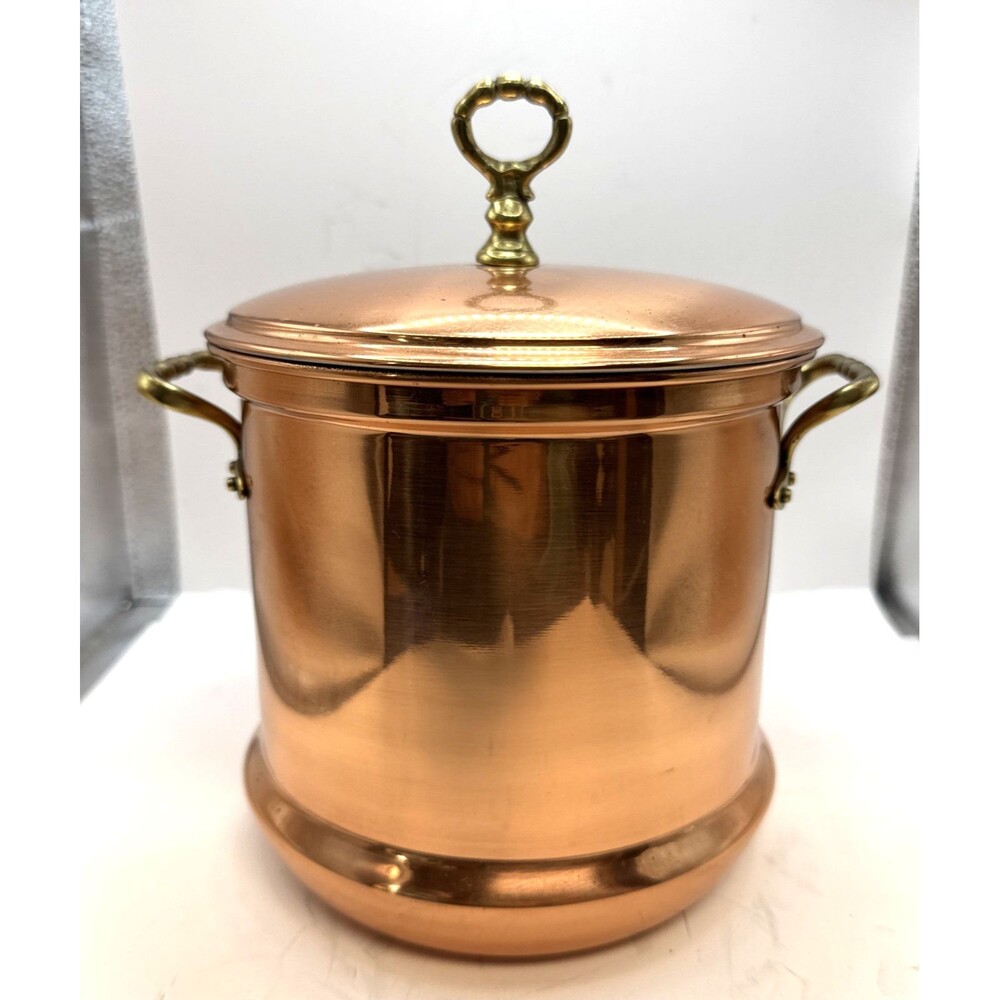 Vintage Copper Storage Canister Stock Pot ice bucket Tin Lining & Brass Handle