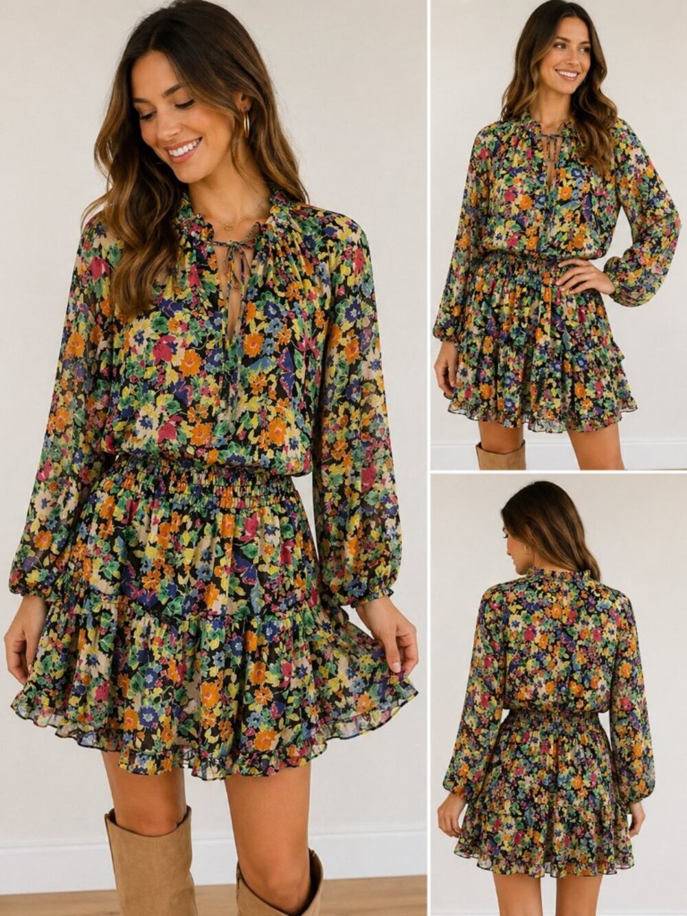 Lavender Brown Black Floral Mini Dress XS V Neck Tiered Long Sleeve Fit & Flare