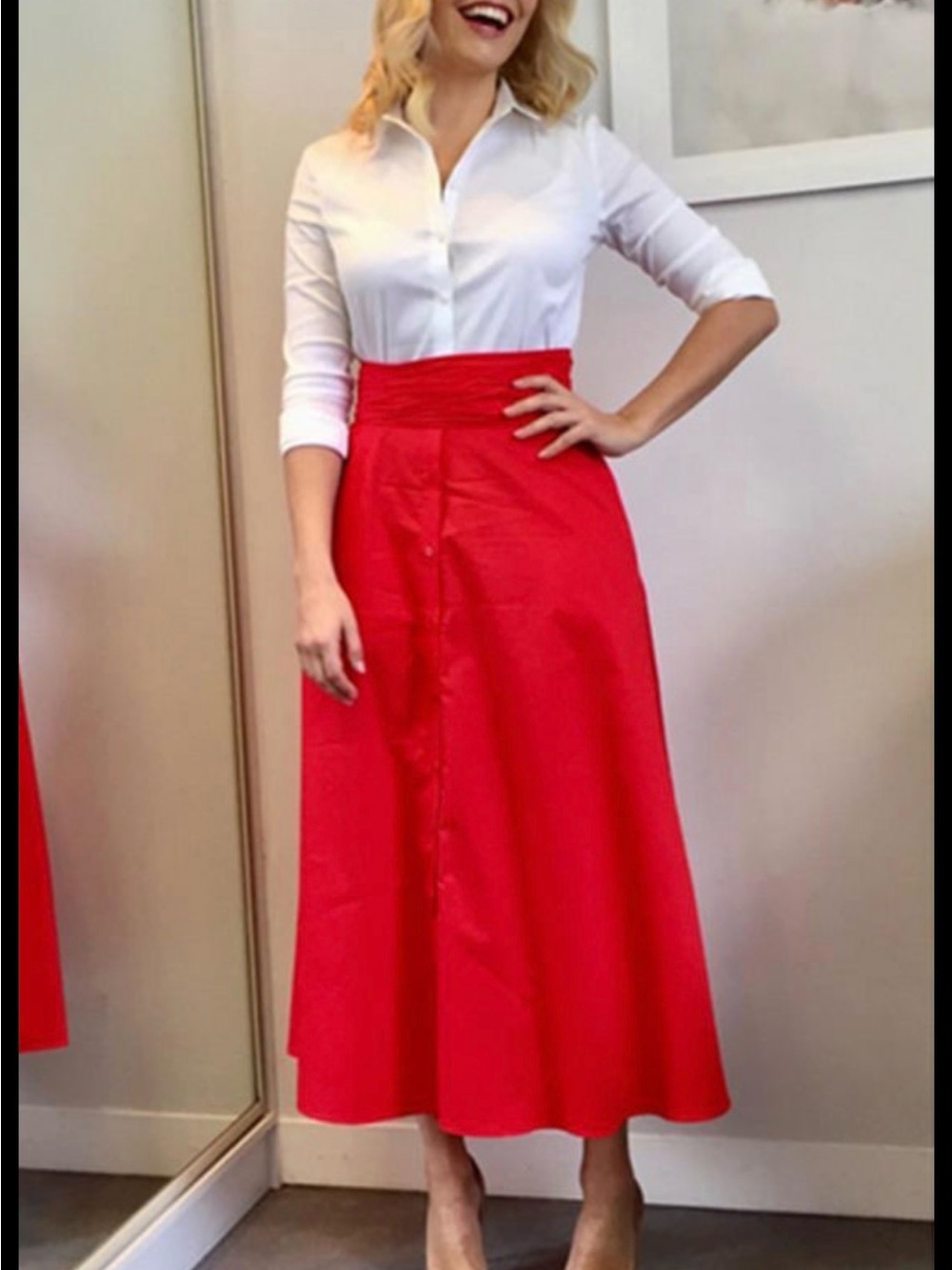L.K. Bennett Darly Midi Skirt Aurora Red Cotton A-Line Tie Waist US 6