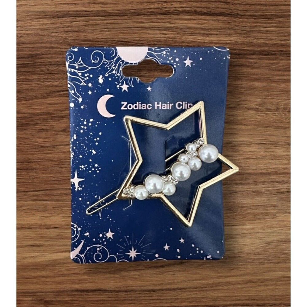 NWT 2 Inch Zodiac Gold Plated Metal Faux Imitation Pearl Star Hair Clip Barrette