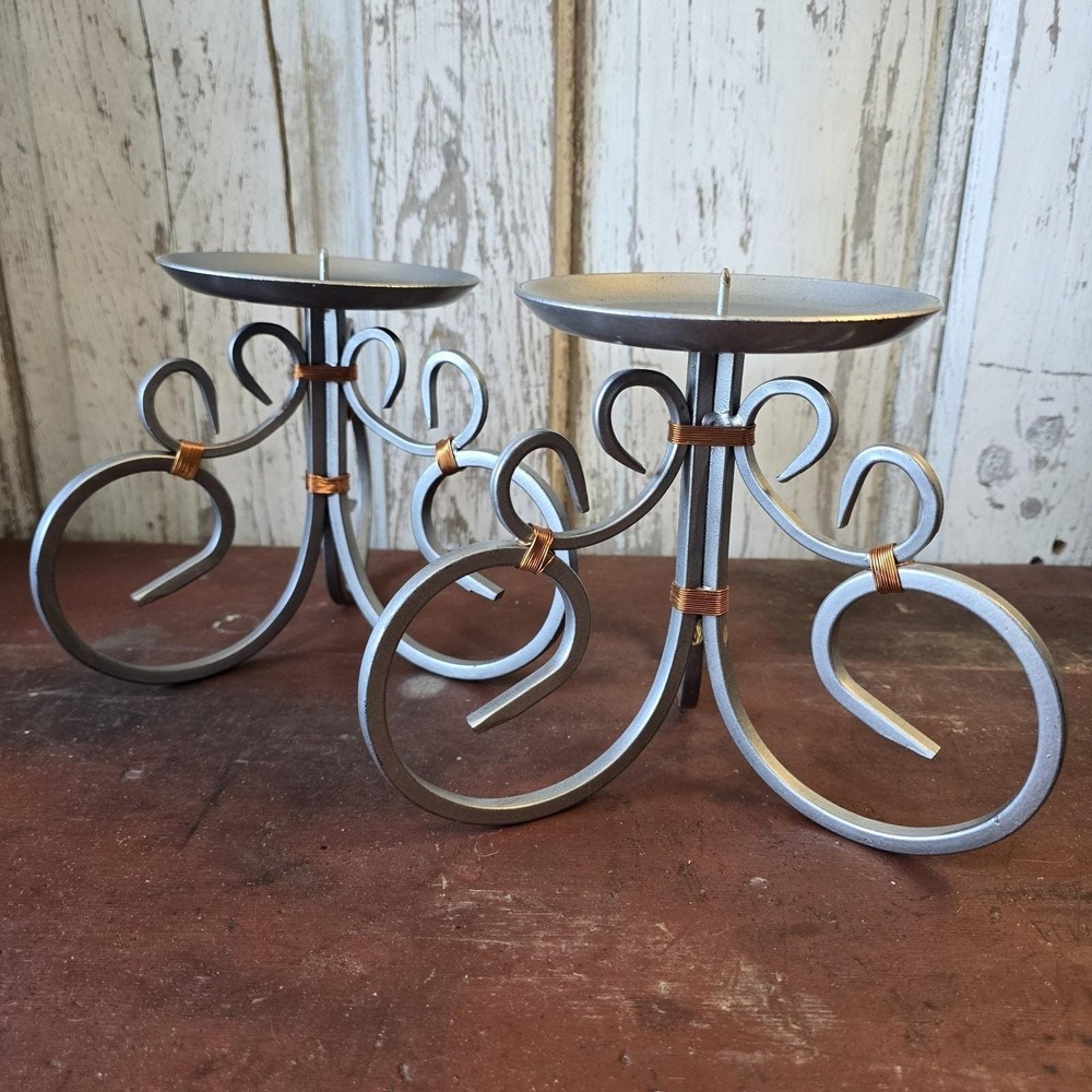 Vintage‎ Pair Wrought Iron Scrolled Candleholders Copper Wire Accents