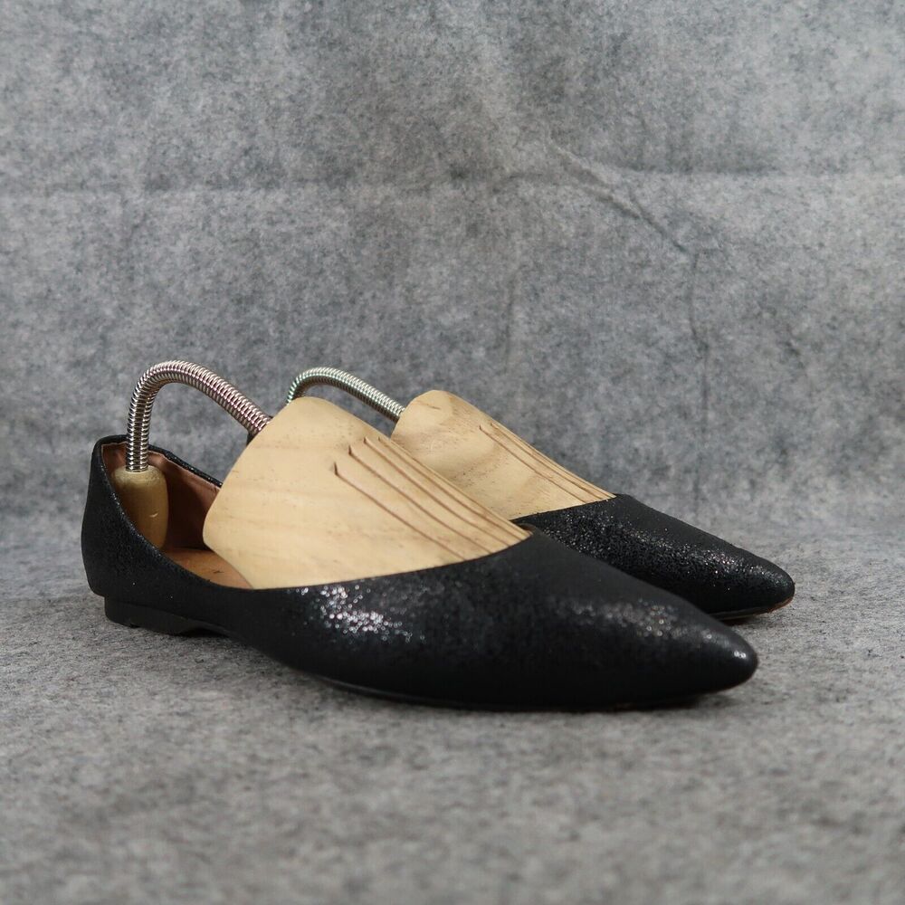 All Black Shoes Womens 38.5 Flats Fashion Skimmers Leather Shimmer Black Pointy