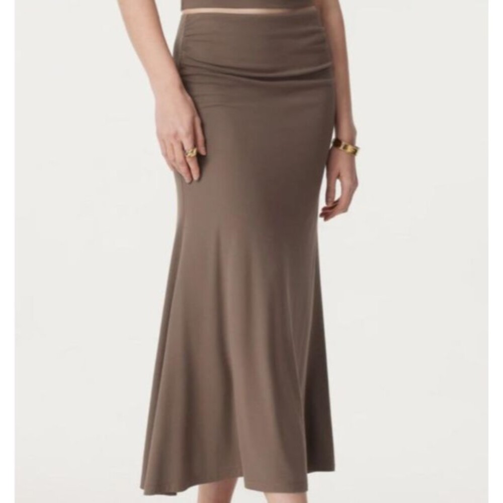 OGL Eco-SkinKiss Soft Stretchy Flowy Side Ruched Midi Skirt Brown Size Medium