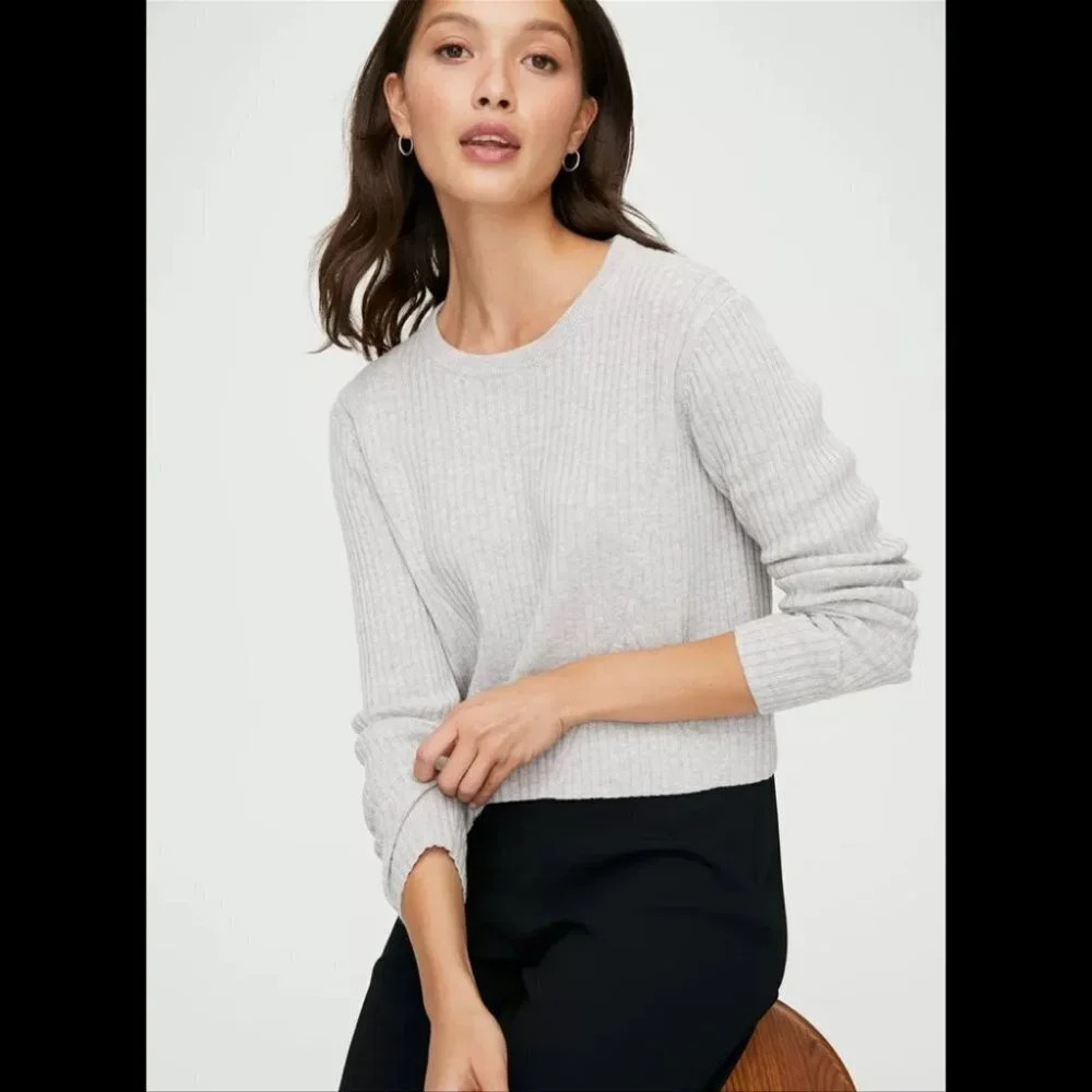 NEW Aritzia Babaton Nathaniel Cropped Crew Neck Sweater in Heather Grey | sz XS