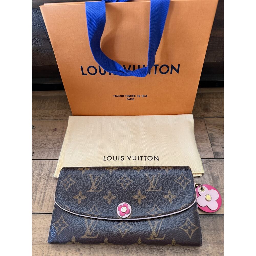 Louis Vuitton Wallet Women’s Brown Monogram Canvas Pink Flower Charm France