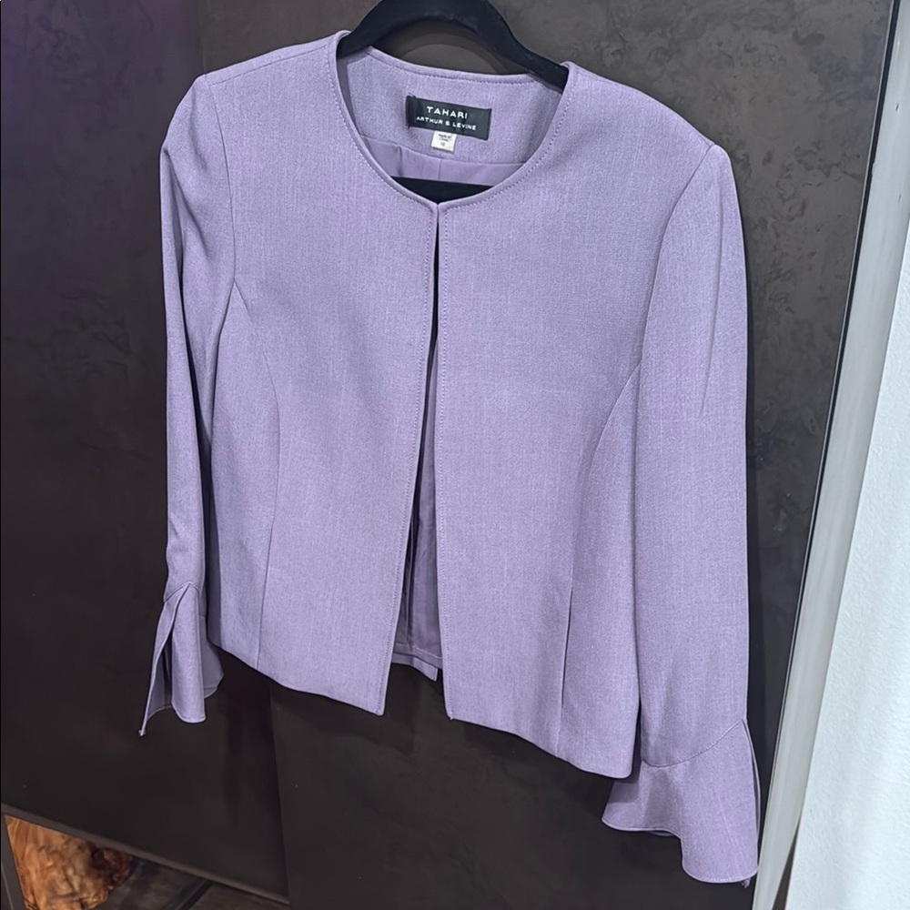 Tahari Purple Blazer Collarless Bell Sleeves