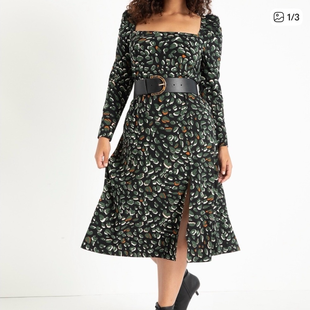 Eloquii Midi Dress Women’s Size 22W Long Sleeves Black Green Tie Back Stretch